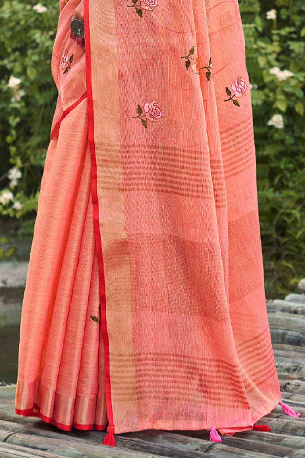 Peach Linen Woven Saree