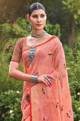 Peach Linen Woven Saree