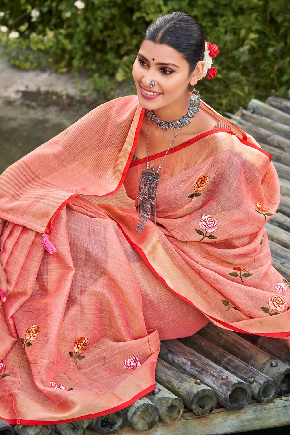 Peach Linen Woven Saree