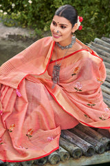 Peach Linen Woven Saree