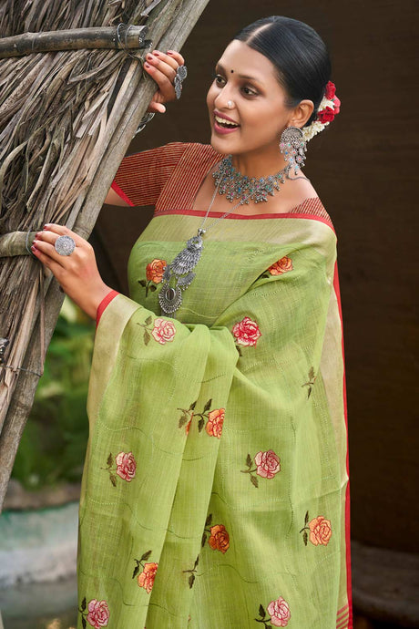 Light Green Linen Woven Saree