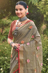 Grey Linen Woven Saree