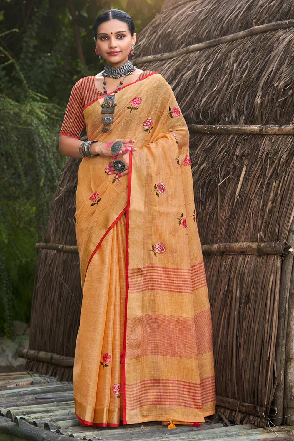 Orange Linen Woven Saree