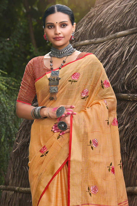 Orange Linen Woven Saree