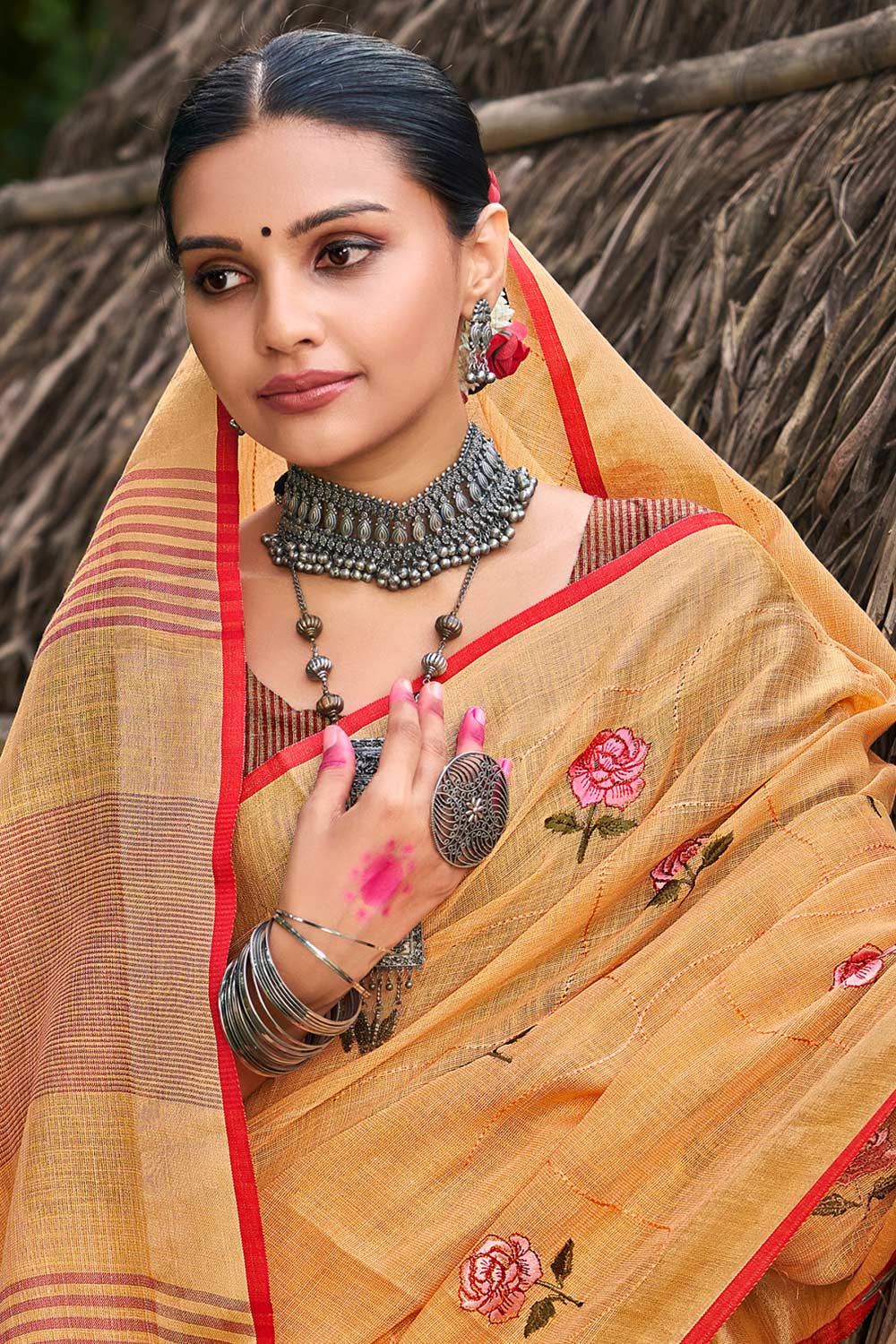 Orange Linen Woven Saree