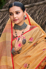 Orange Linen Woven Saree