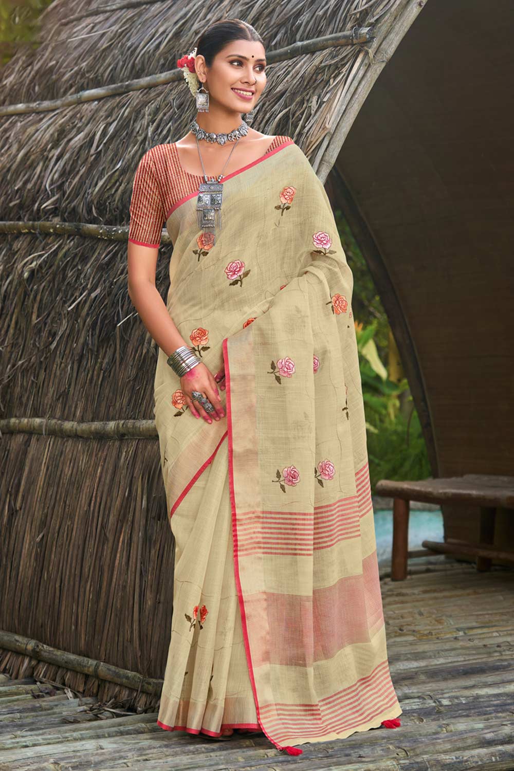 Cream Linen Woven Saree