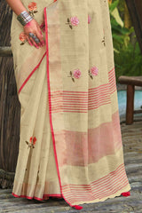 Cream Linen Woven Saree