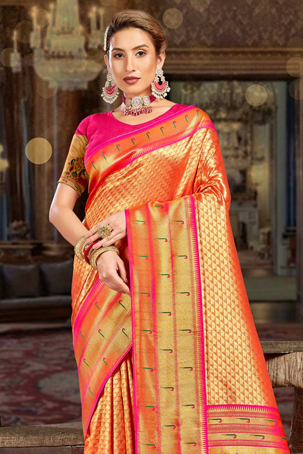 Orange Paithani Art Silk Saree