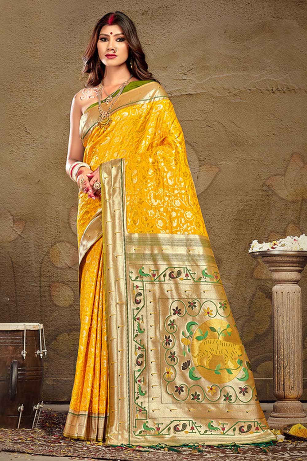 Yellow Paithani Art Silk Saree