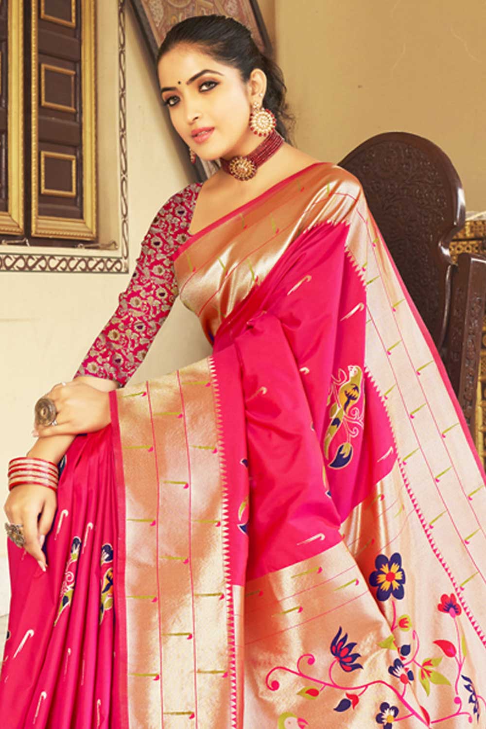 Paithani Silk Woven Design Saree In Pink