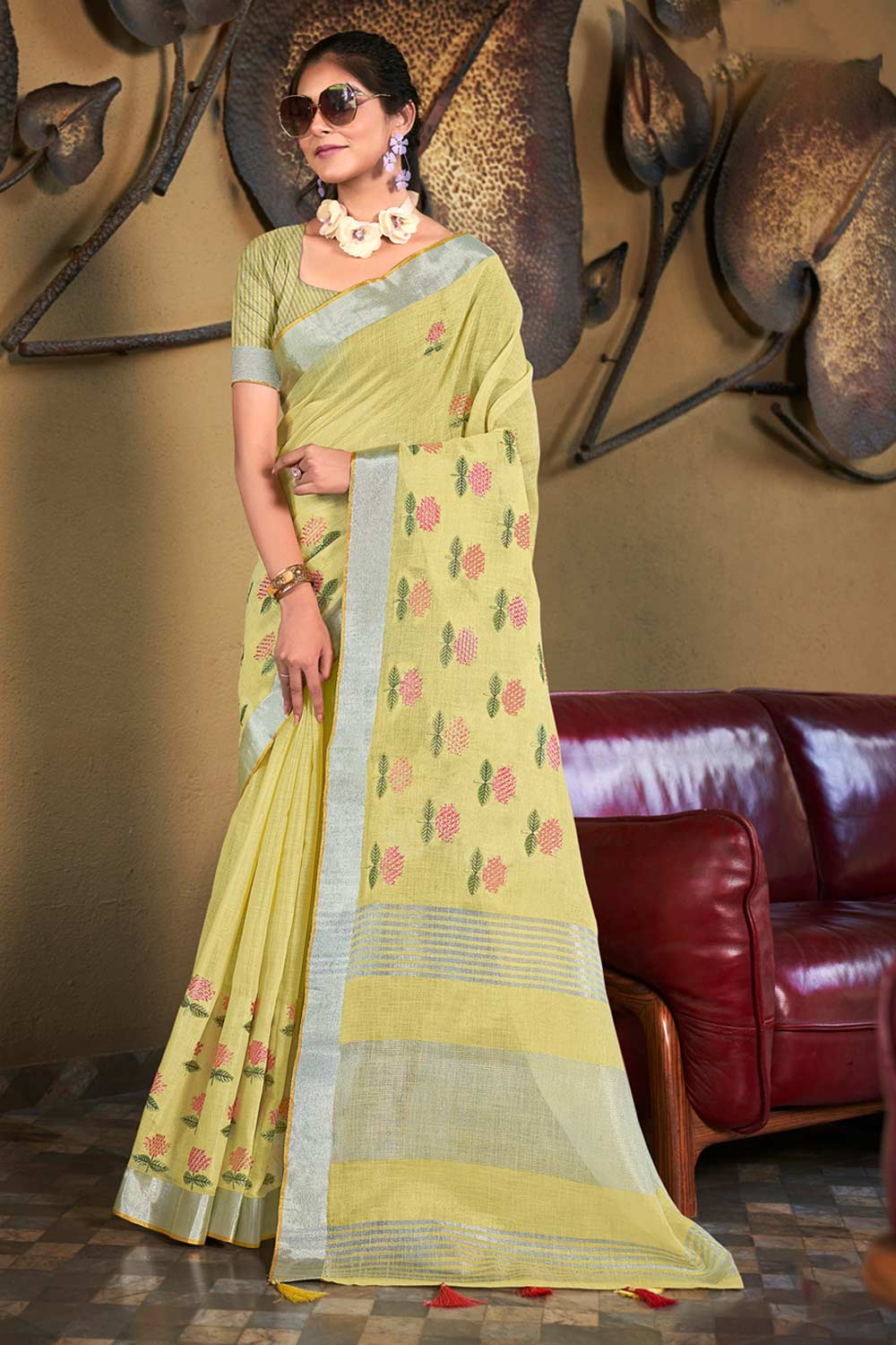 Yellow Linen Woven Saree