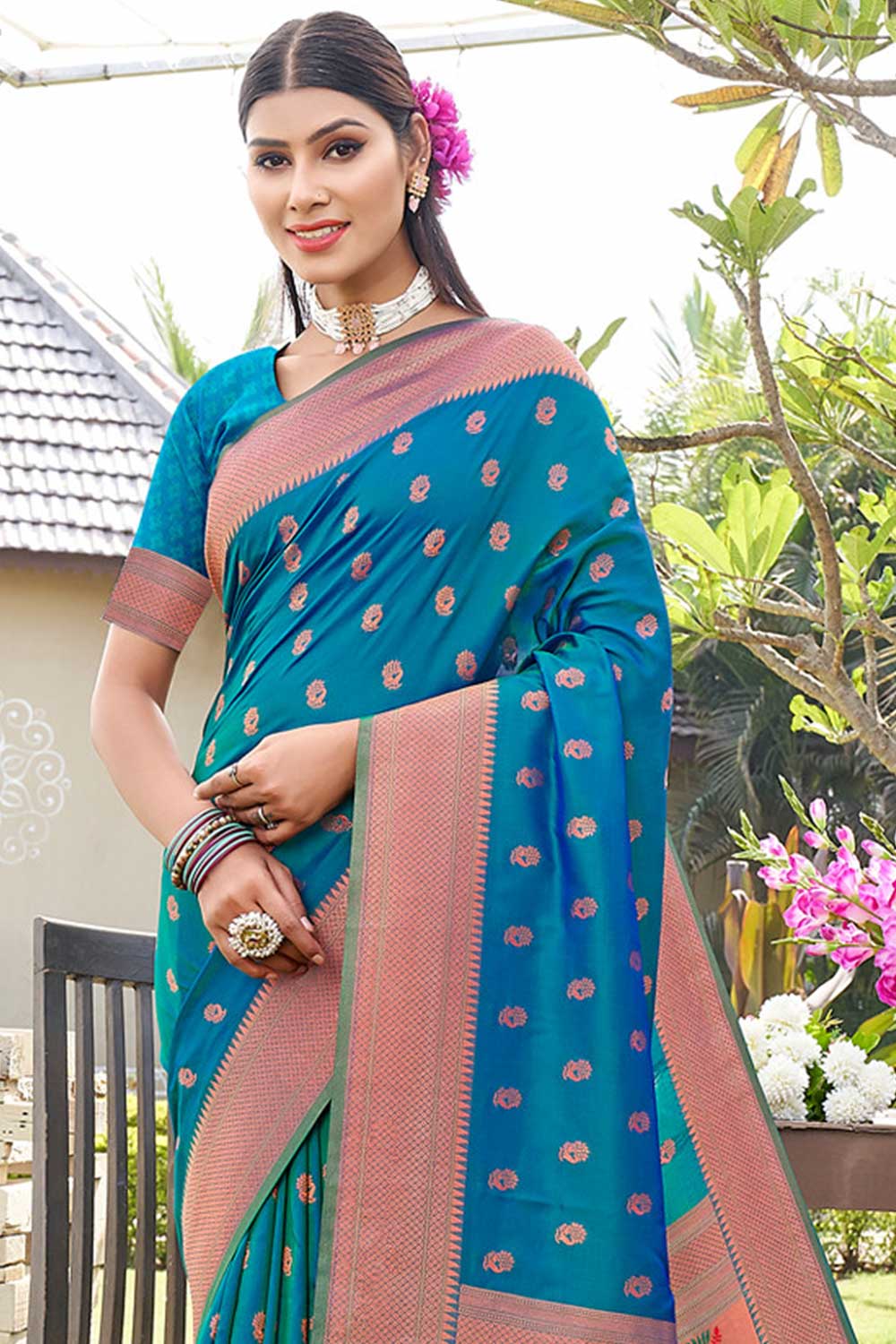 Turquoise Paithani Art Silk Saree