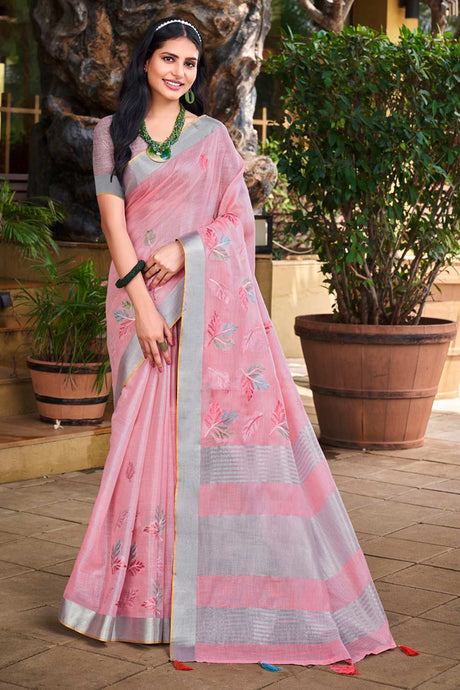 Light Pink Linen Woven Saree