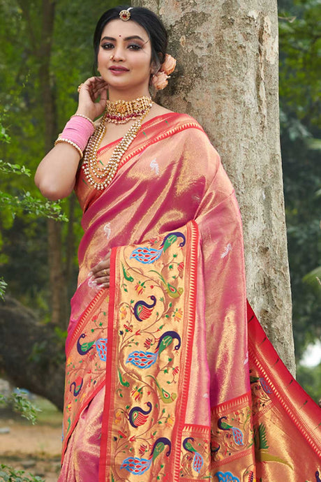 Paithani Art Silk Woven Design Saree In Pink