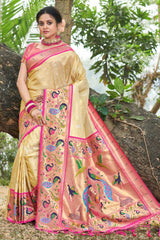 Cream Paithani Art Silk Saree