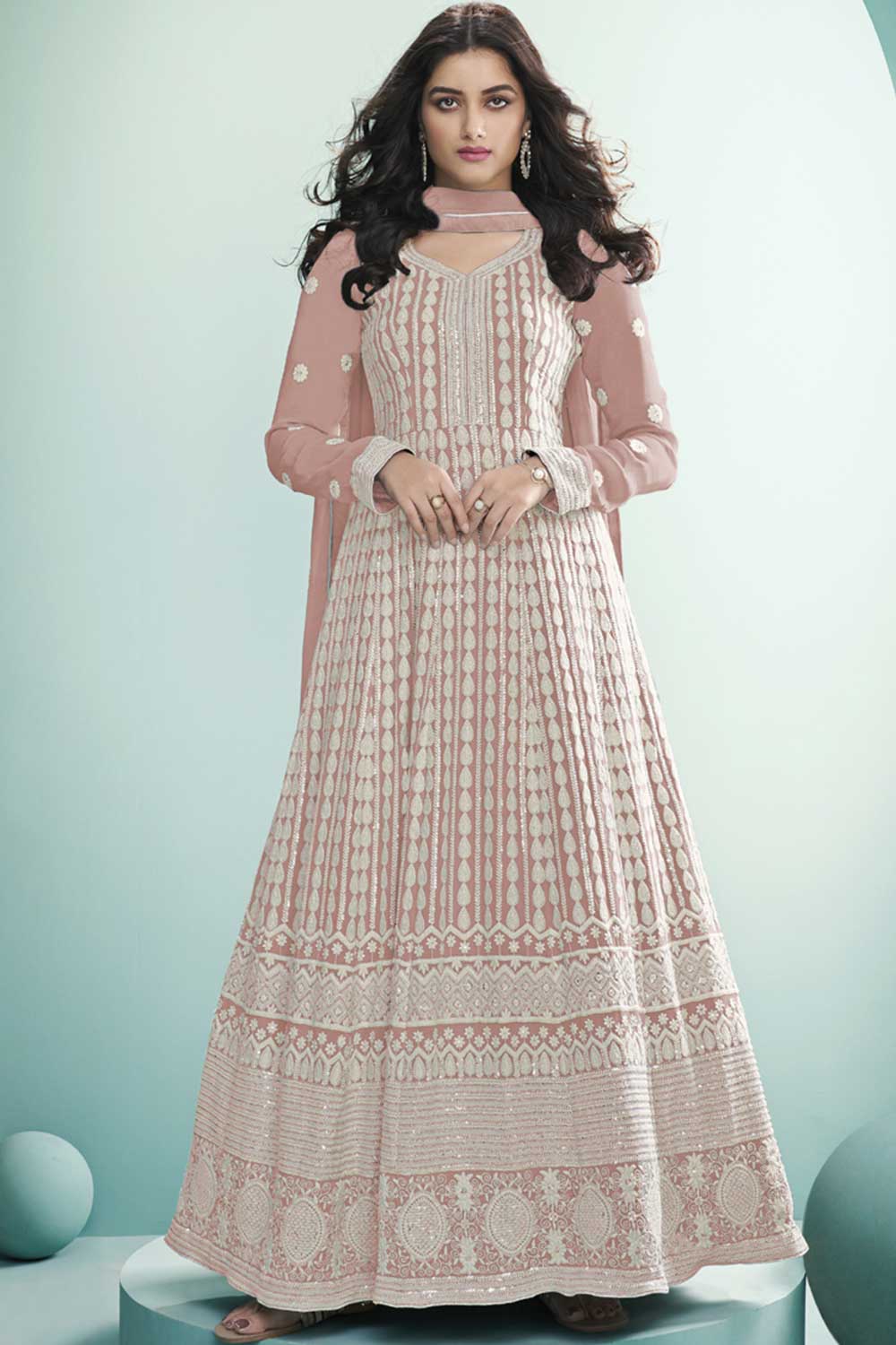 Peach Georgette Resham Embroidery Anarkali Suit Set