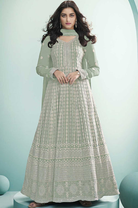 Buy sea-green georgette resham embroidery Anarkali Suit Set Online - Back