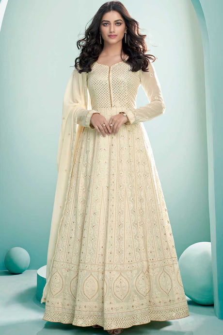 Buy off-white georgette resham embroidery Anarkali Suit Set Online - Back