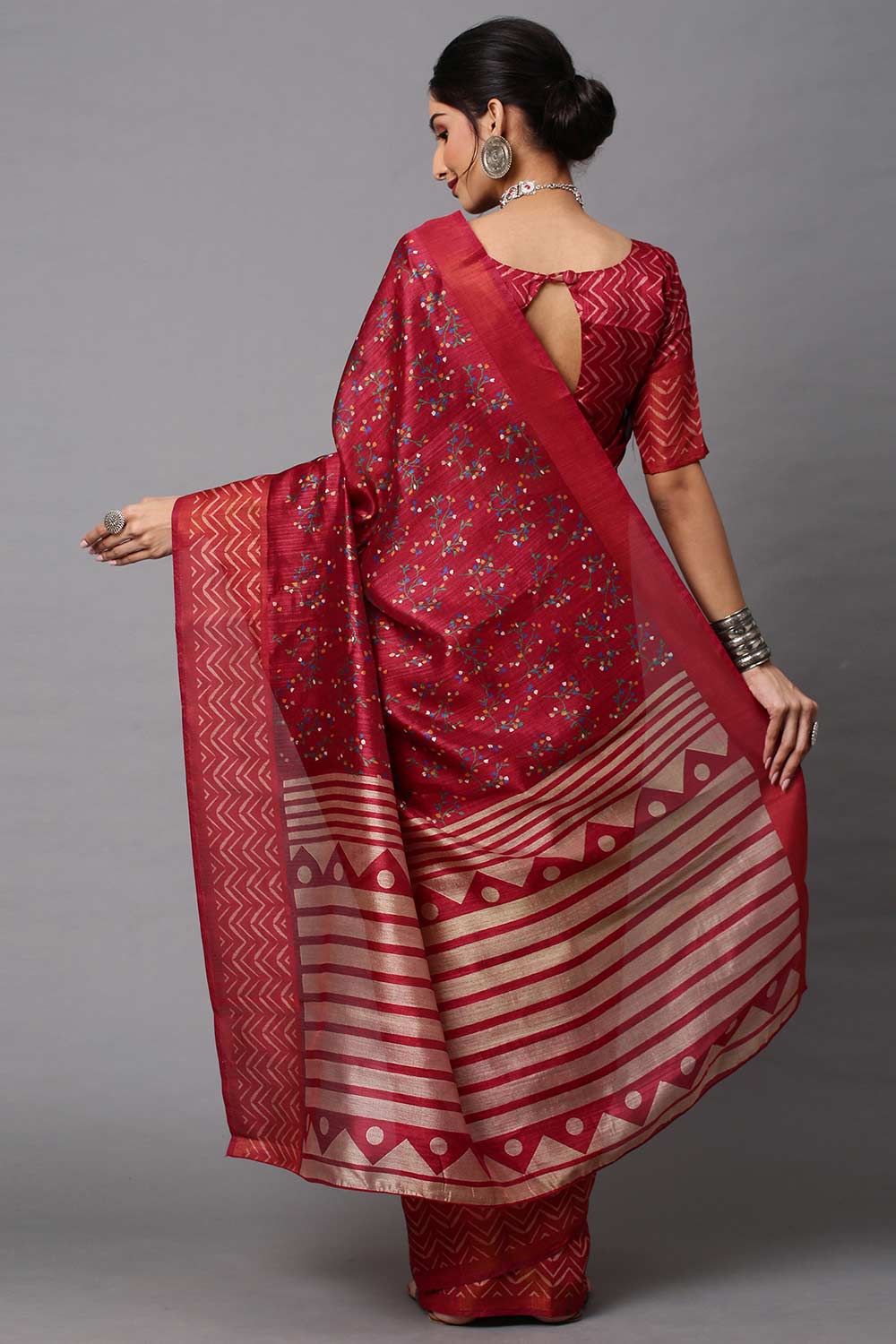 Maroon Linen Blend Botanical Printed Saree