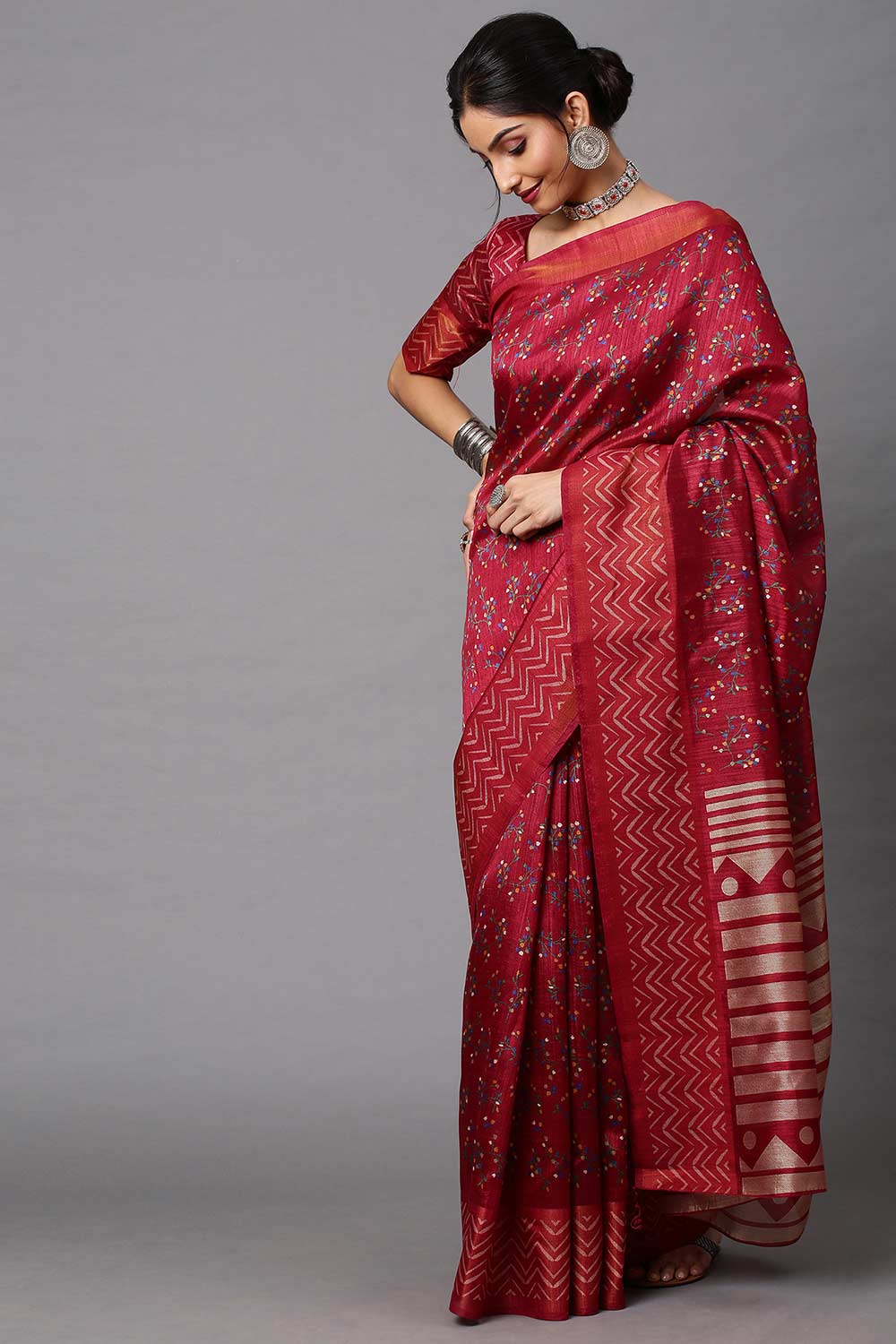 Maroon Linen Blend Botanical Printed Saree