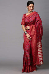 Maroon Linen Blend Botanical Printed Saree