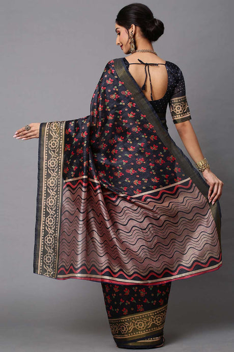 Black Linen Blend Botanical Printed Saree