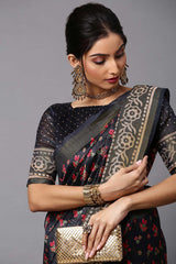 Black Linen Blend Botanical Printed Saree