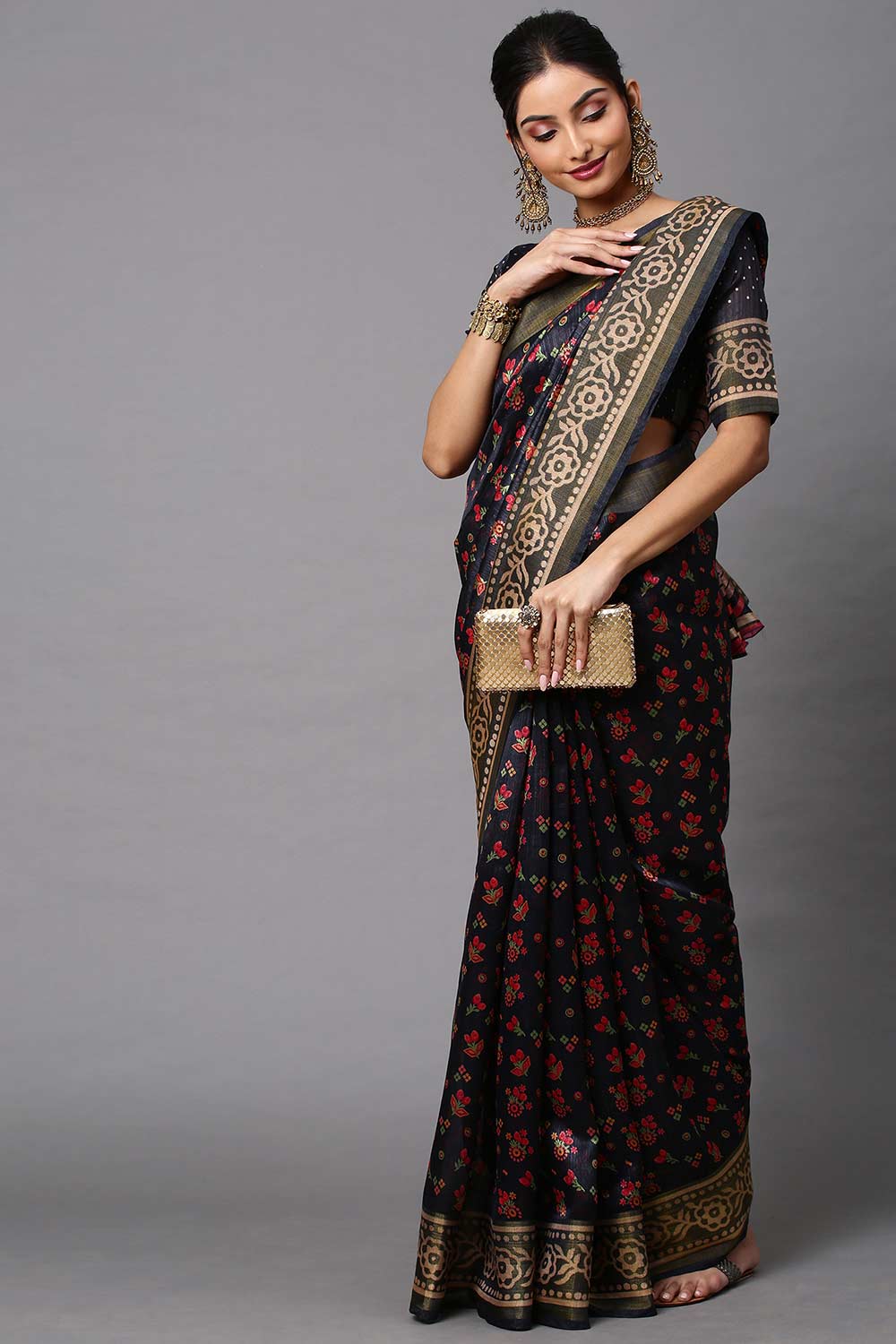 Black Linen Blend Botanical Printed Saree