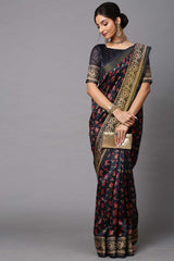 Black Linen Blend Botanical Printed Saree