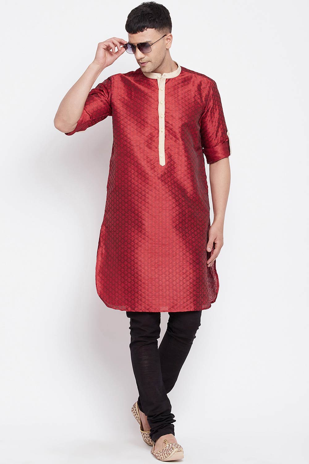 Buy Men's Art Silk Paisley Printed Long Kurta in Red - Front