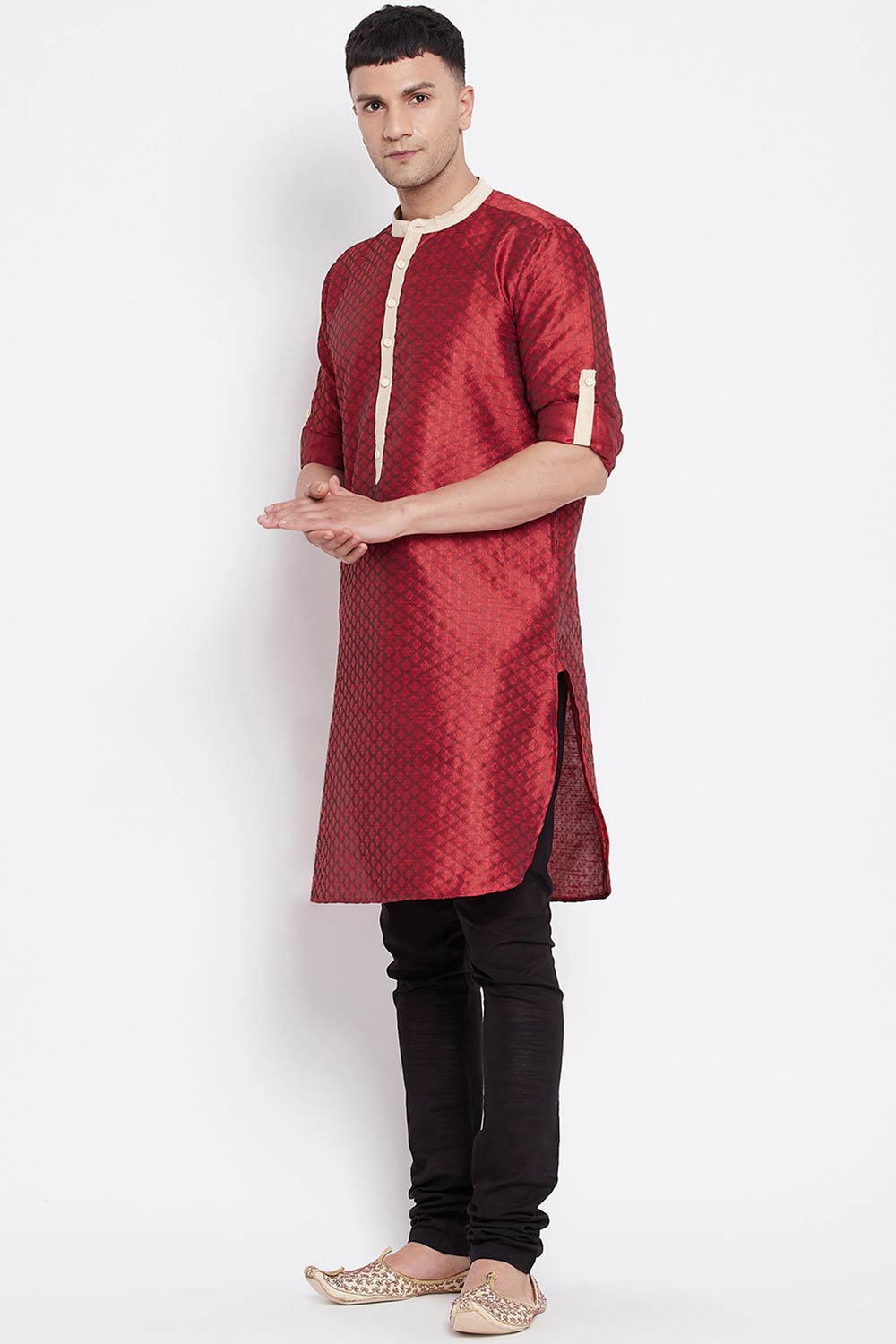 Buy Men's Art Silk Paisley Printed Long Kurta in Red - Back