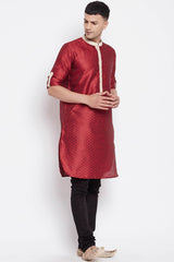 Buy Men's Art Silk Paisley Printed Long Kurta in Red - Side