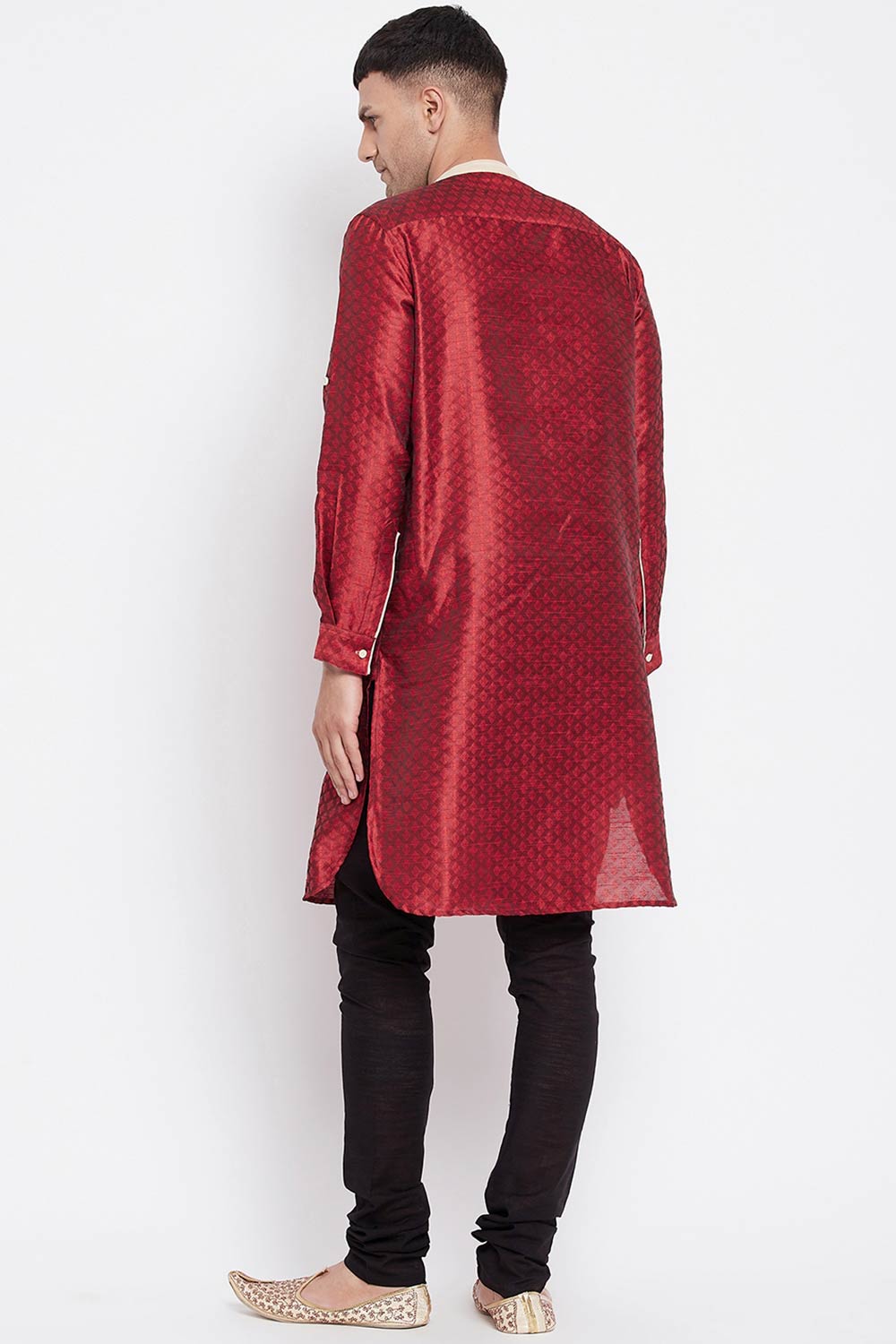 Buy Men's Art Silk Paisley Printed Long Kurta in Red - Zoom in