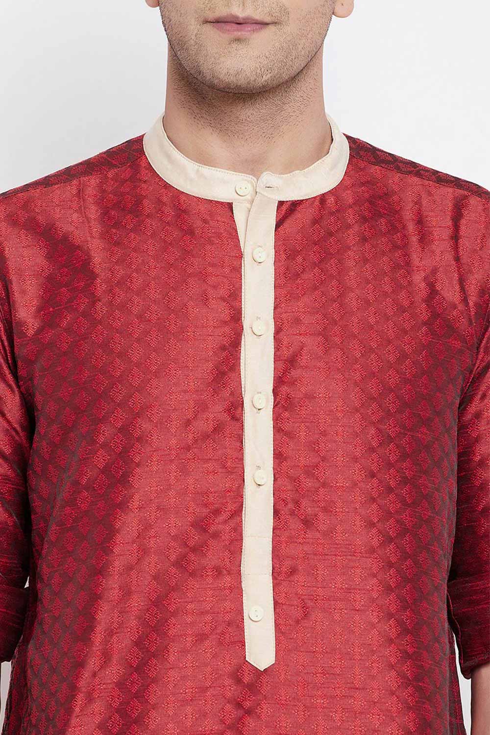 Buy Men's Art Silk Paisley Printed Long Kurta in Red - Zoom Out