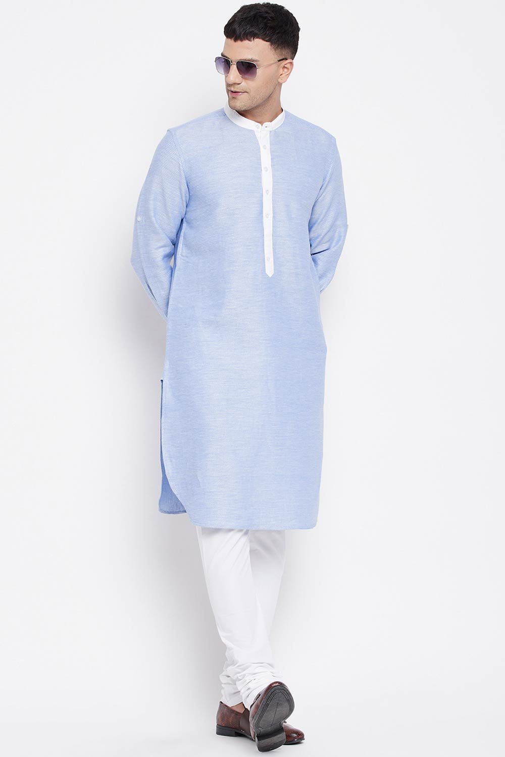 Buy Men's Pure Cotton Solid Long Kurta in Blue - Front