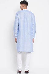 Buy Men's Pure Cotton Solid Long Kurta in Blue - Zoom in