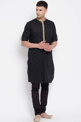 Buy Men's Pure Cotton Solid Long Kurta in Black - Front