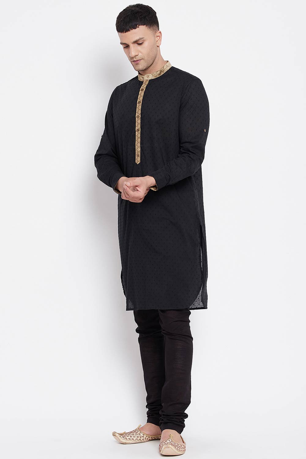 Buy Men's Pure Cotton Solid Long Kurta in Black - Back