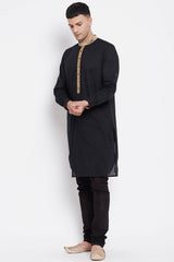 Buy Men's Pure Cotton Solid Long Kurta in Black - Back