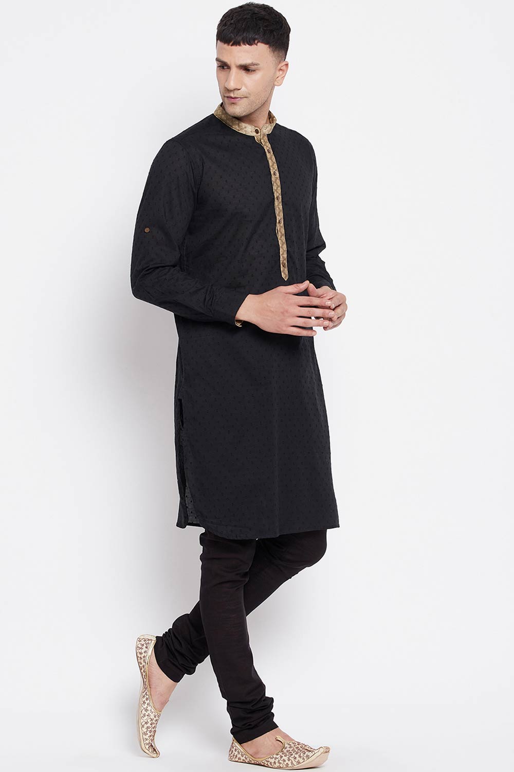 Buy Men's Pure Cotton Solid Long Kurta in Black - Side