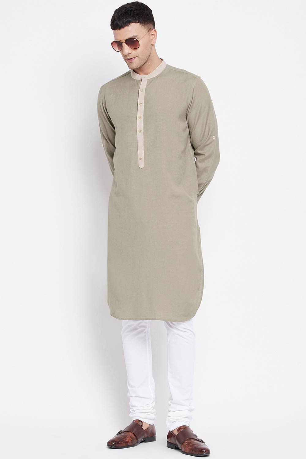 Buy Men's Pure Cotton Solid Long Kurta in Green - Front