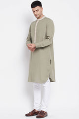 Buy Men's Pure Cotton Solid Long Kurta in Green - Back