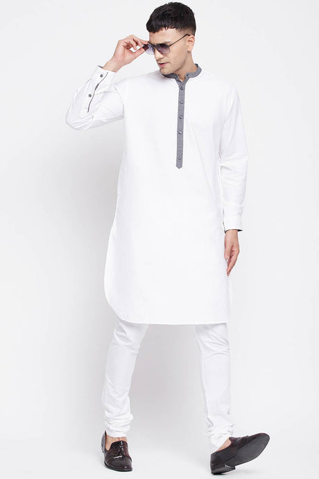 Buy Men's Pure Cotton Solid Long Kurta in White - Front