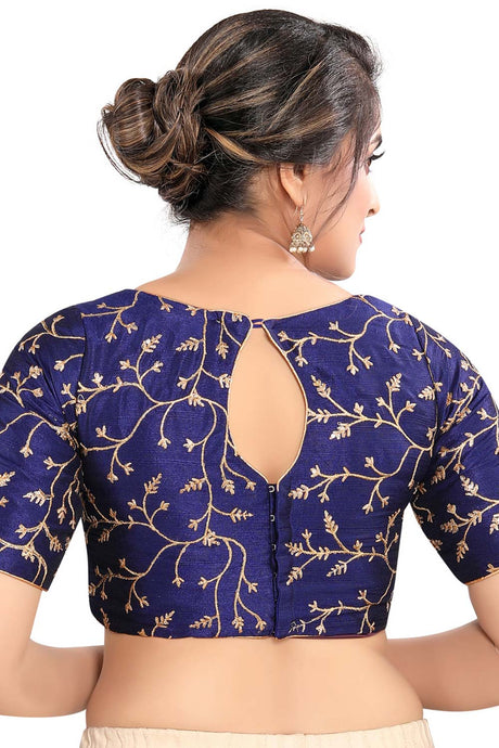 Buy Art Silk Embroidered  Saree Blouse in Navy Blue - Back