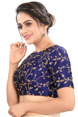 Buy Art Silk Embroidered  Saree Blouse in Navy Blue - Front