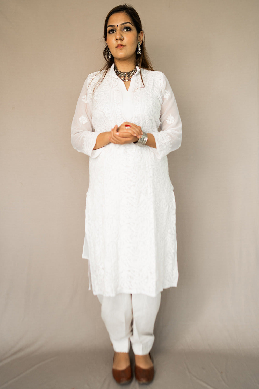 Buy Georgette Embroidered Kurta Top in White Online