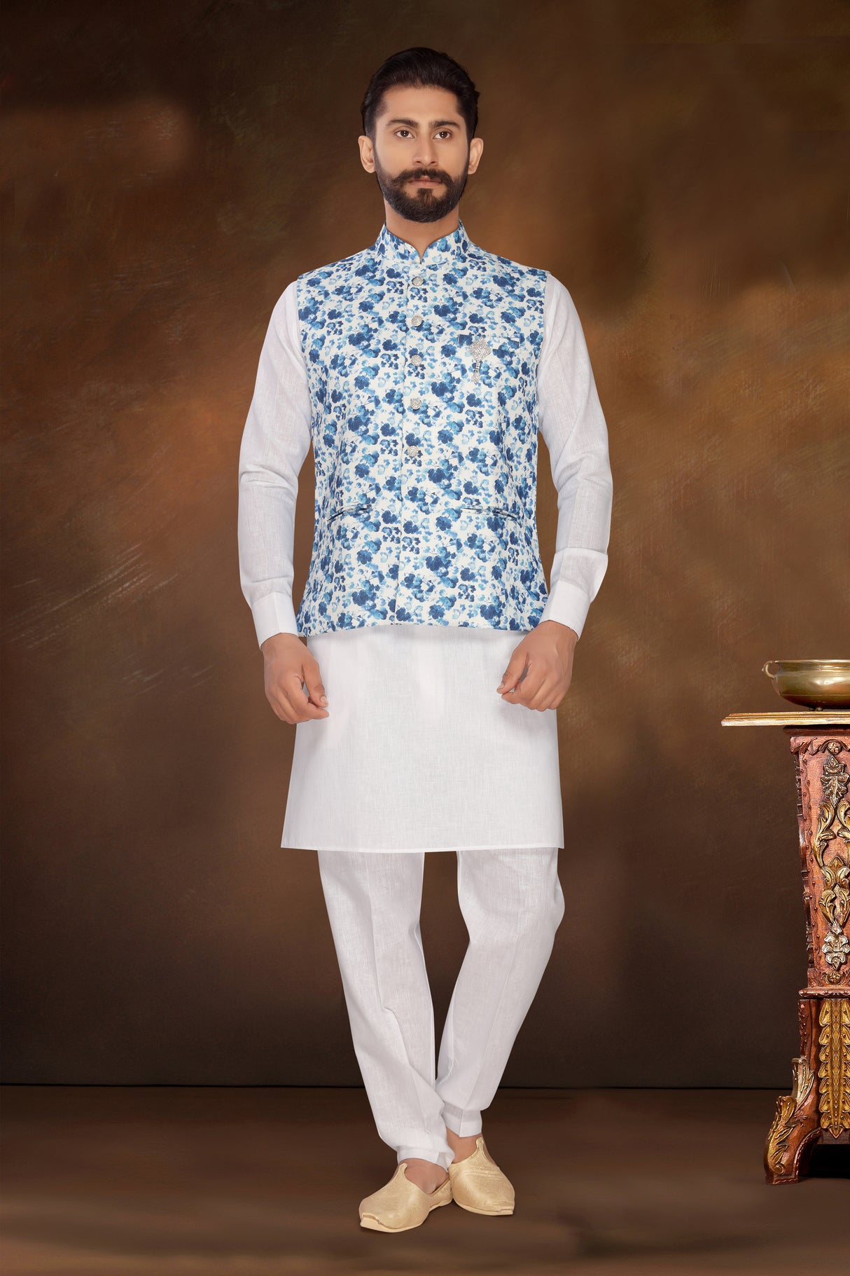 Men's Jute Nehru Jacket With Kurta Pajama Set In Blue