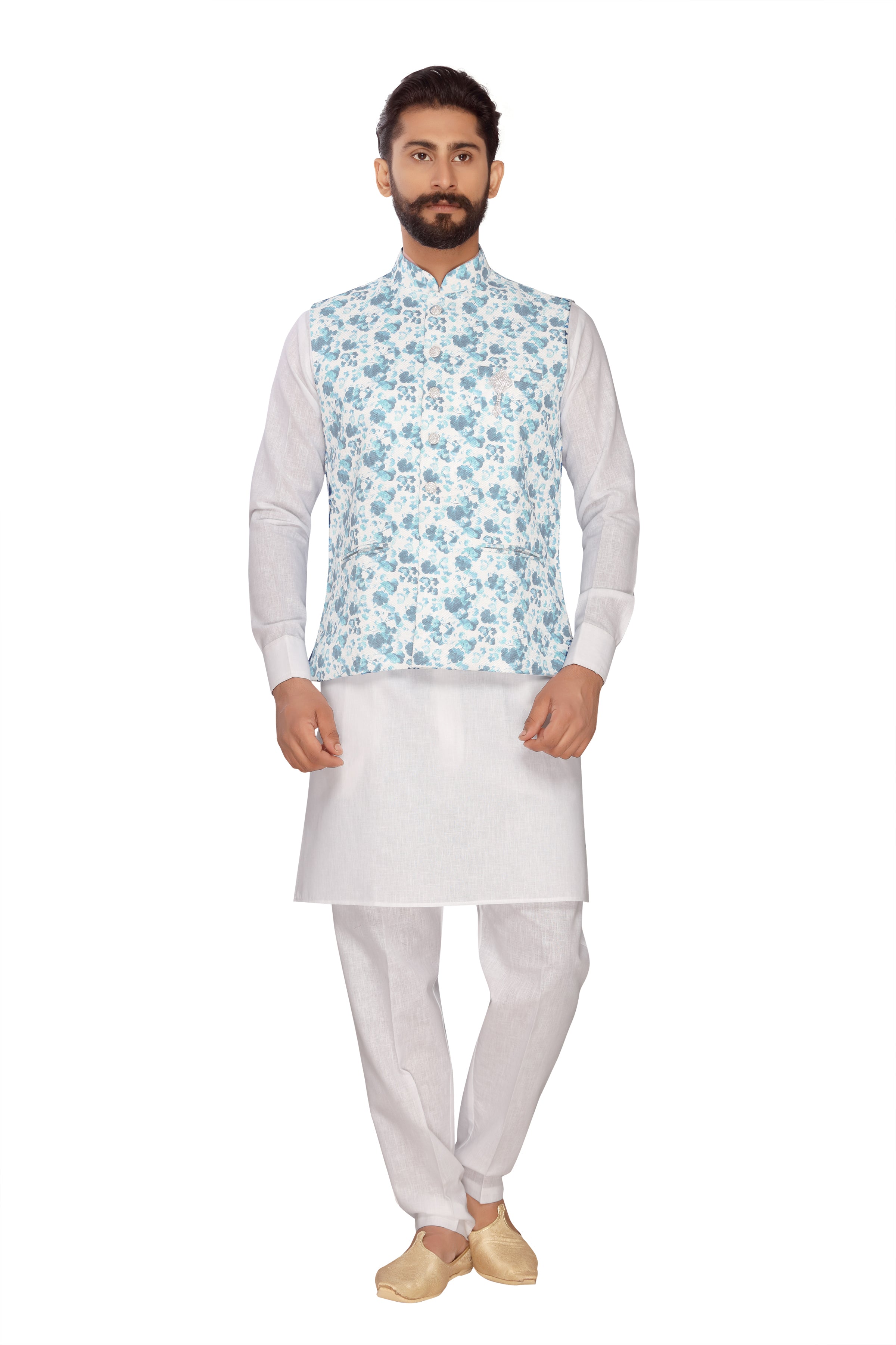 Royal Blue Nehru Jacket And Kurta Set In Linen Silk With Resham Embroi –  paanericlothing