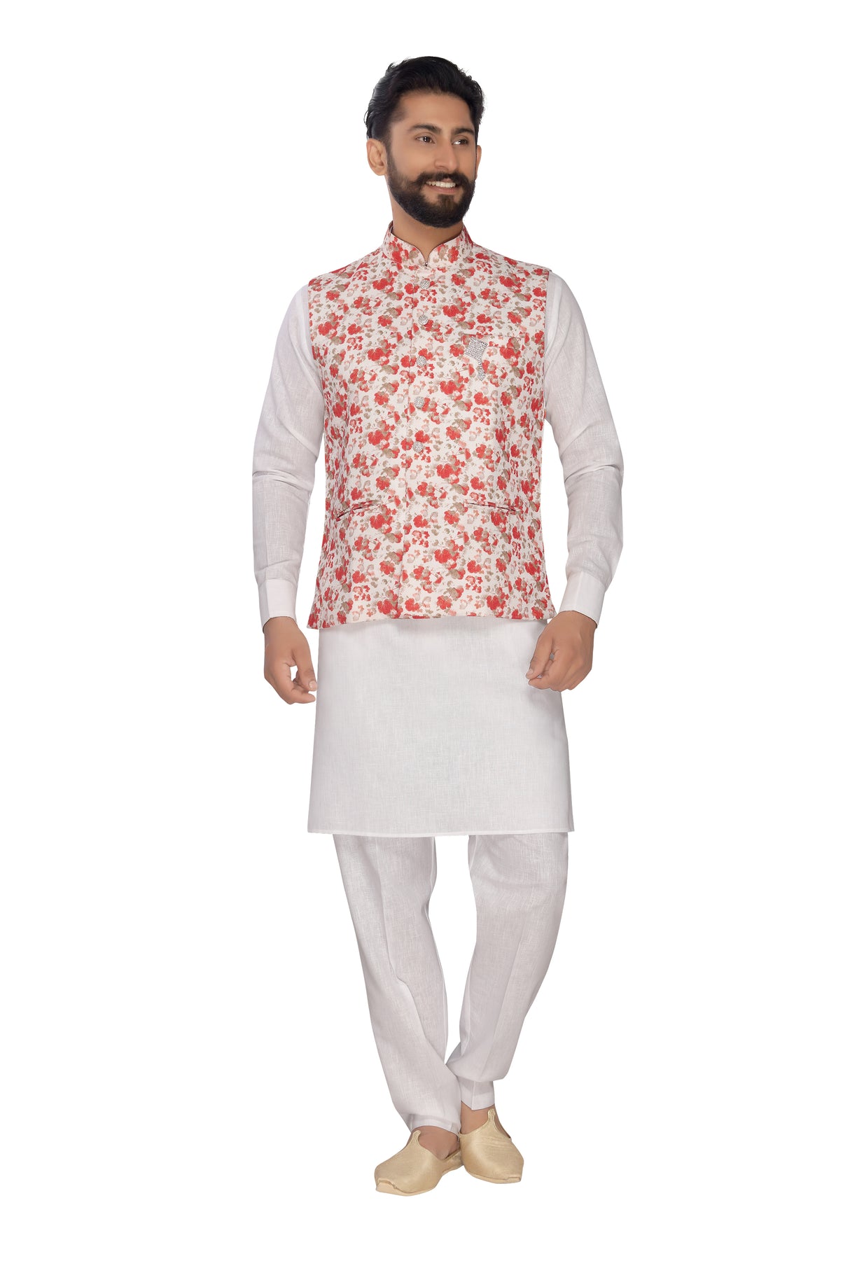 Men's Jute Nehru Jacket With Kurta Pajama Set In Red